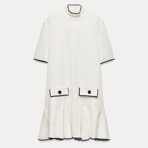 NWT ZARA white A-line mini dress with black contrast piping size L